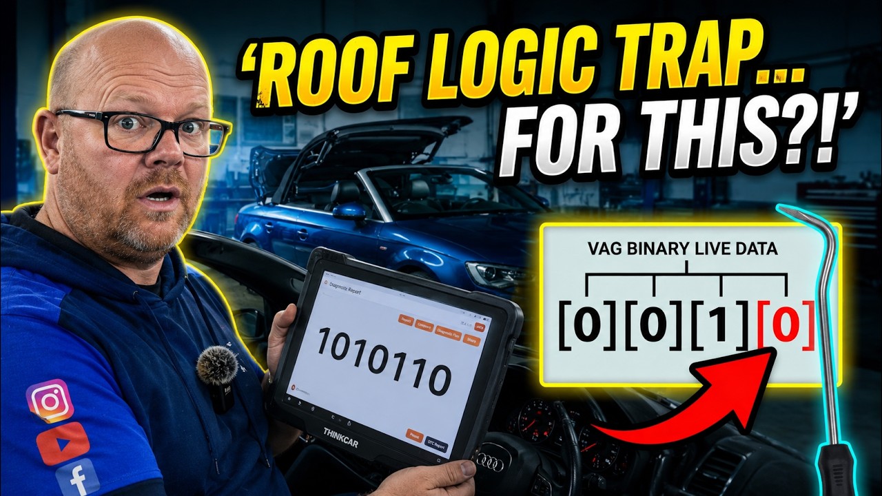 Technician diagnosing an Audi A3 convertible roof failure by inspecting the wiring loom in the boot.