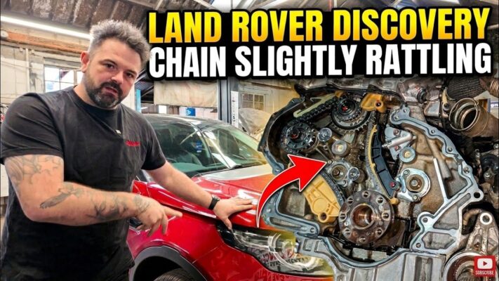 Technician Baz Meredith performs a timing chain replacement on the 2.0-litre Ingenium engine inside a Land Rover Discovery.