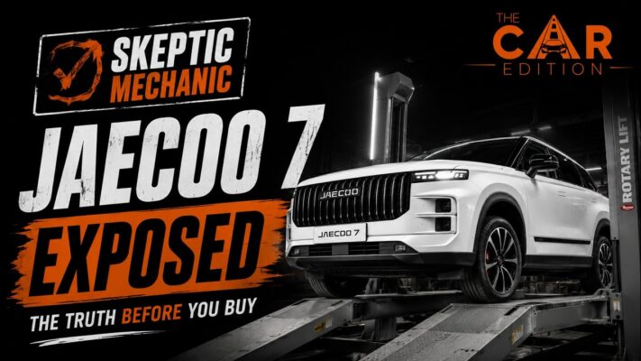 The new Jaecoo 7 SUV on a workshop ramp during a technical assessment by mechanics from The Car Edition.