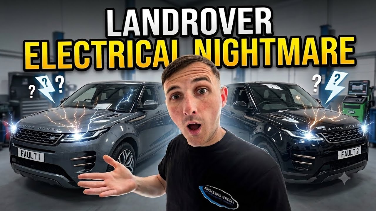 Technician diagnosing Land Rover CAN bus faults with an oscilloscope by probing the vehicle's wiring harness and OBD port.
