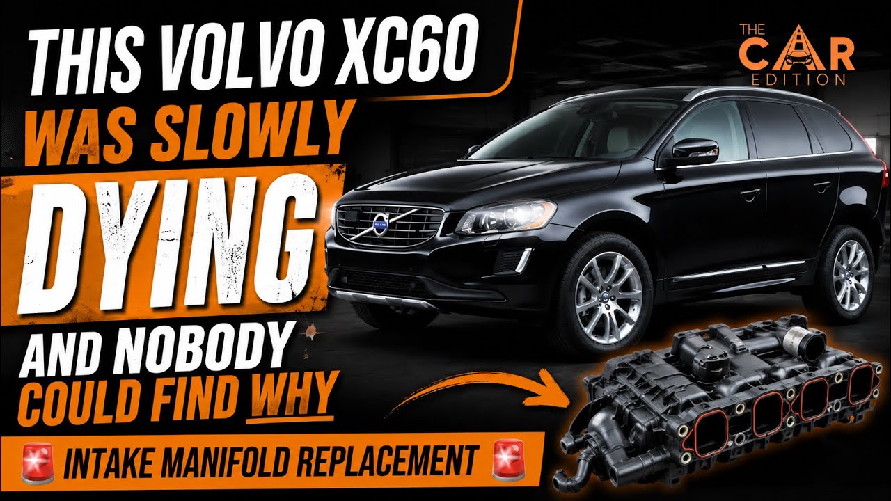 The five-cylinder engine of a Volvo XC60 diesel during a rocker cover replacement to fix a boost leak and oil leak.