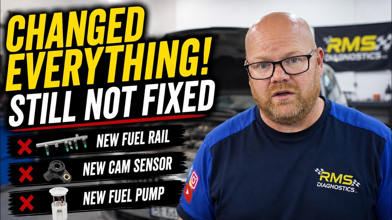 Technician diagnosing a Vauxhall Insignia fuel pressure fault by inspecting the snapped camshaft in the engine bay.