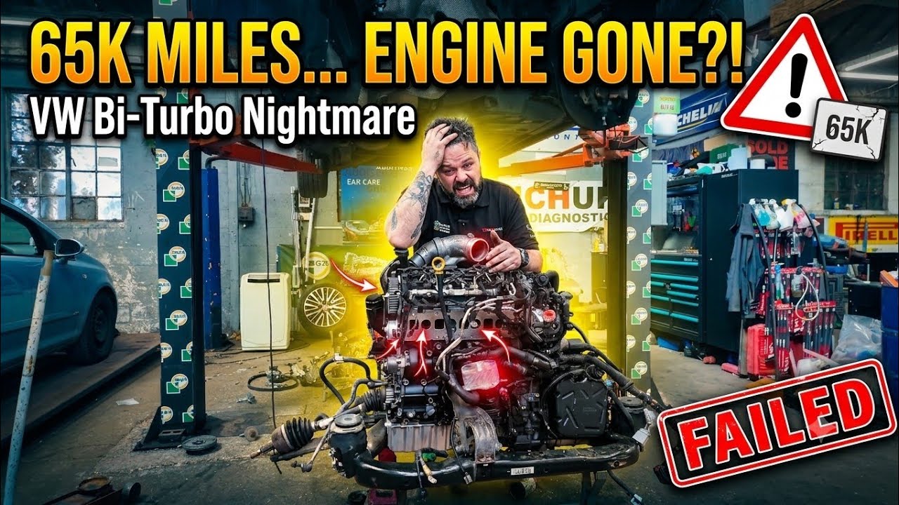 Mechanic Baz Meredith works on a complete engine replacement for a Volkswagen Transporter T6 in a workshop setting.