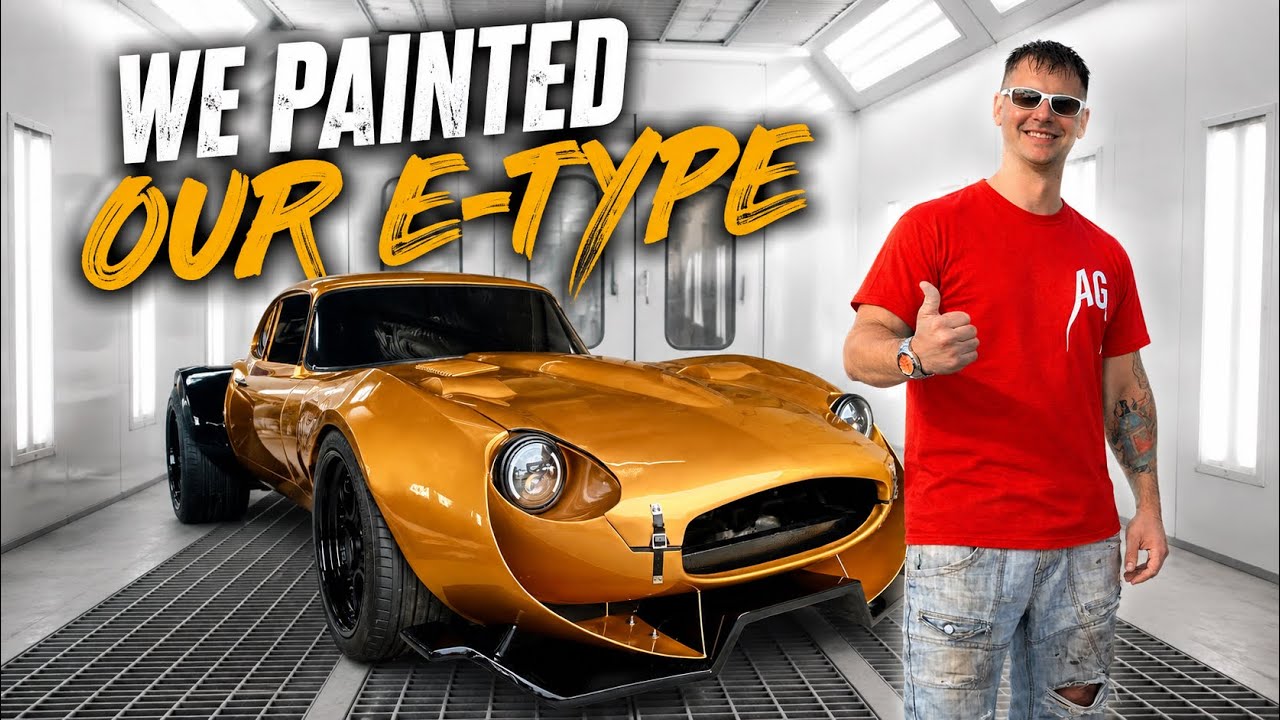 The finished custom Jaguar E-Type build by Anarchy Garage, showing its metallic gold and black paint with bespoke aero