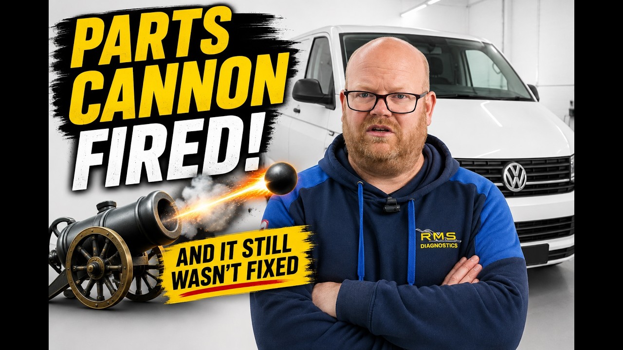 Technician diagnosing a VW Transporter charging fault by back-probing the alternator wiring loom with an oscilloscope.