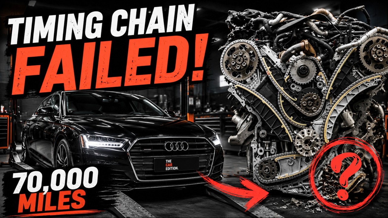 Technician performing an Audi A8 engine rebuild after a timing chain tensioner failed, causing a rattling noise.