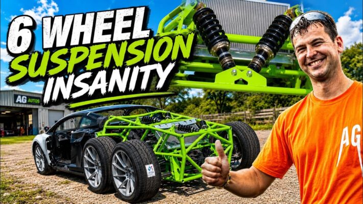 The custom rear subframe and pushrod suspension on the six-wheeled Lamborghini Gallardo build.