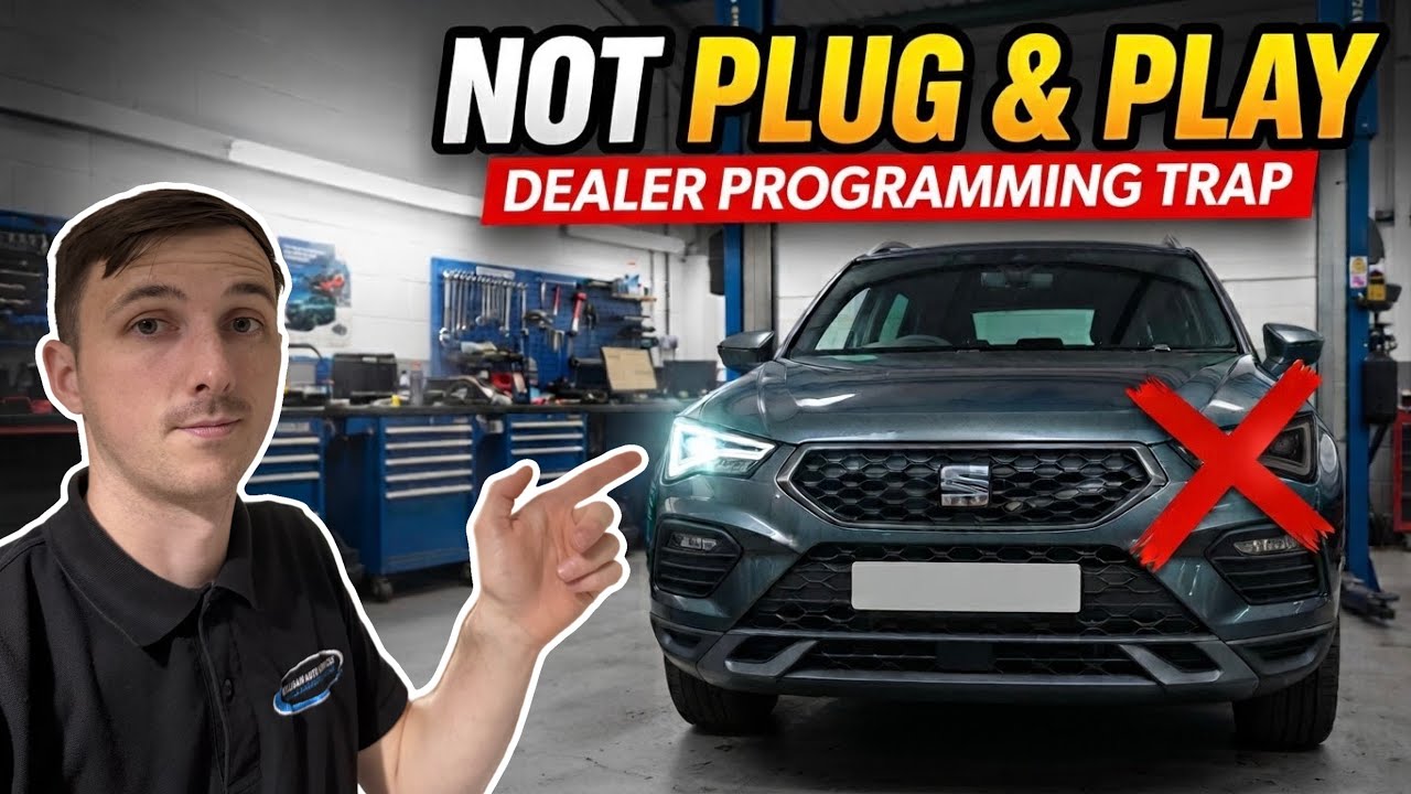 Technician diagnosing a Seat headlamp fault after a new LED headlamp installation, with diagnostic software visible.