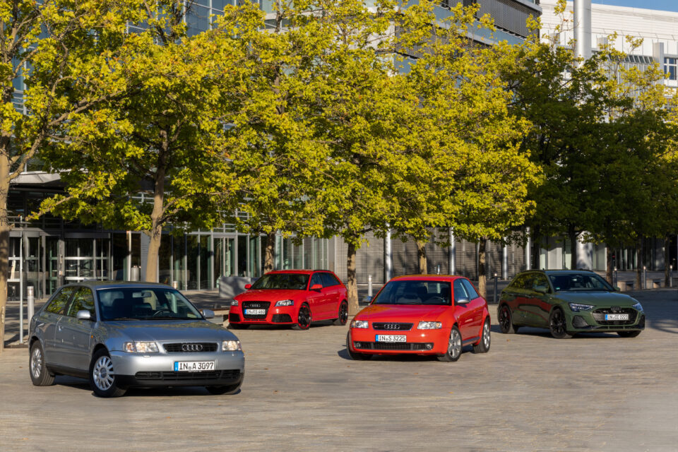 Audi A3 (1997), Audi S3 (2002), Audi RS 3 Sportback (2011) and the current Audi A3 Sportback