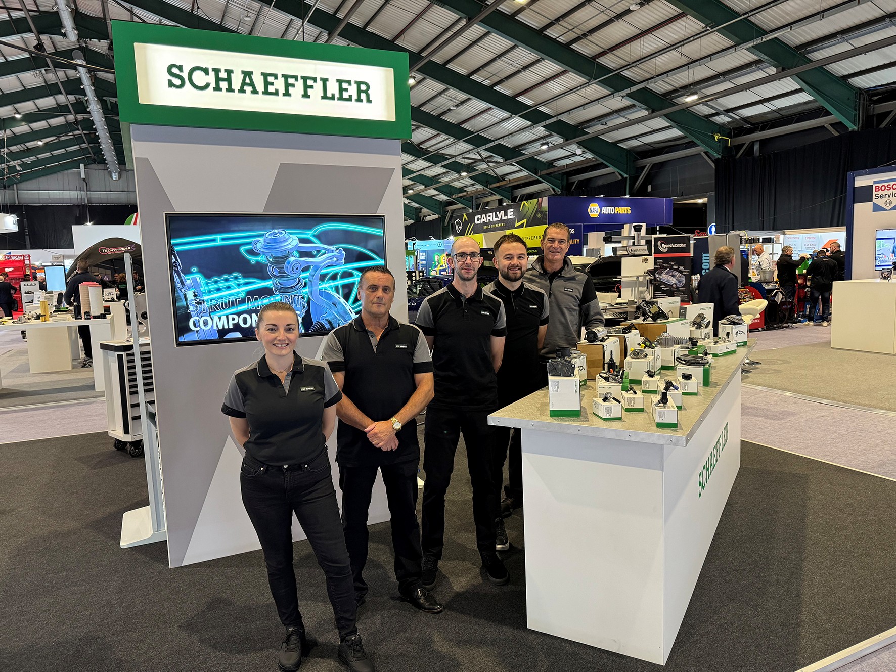 The award-winning manufacturer Schaeffler's stand at the 2026 Dublin Auto Trade EXPO, with team members talking